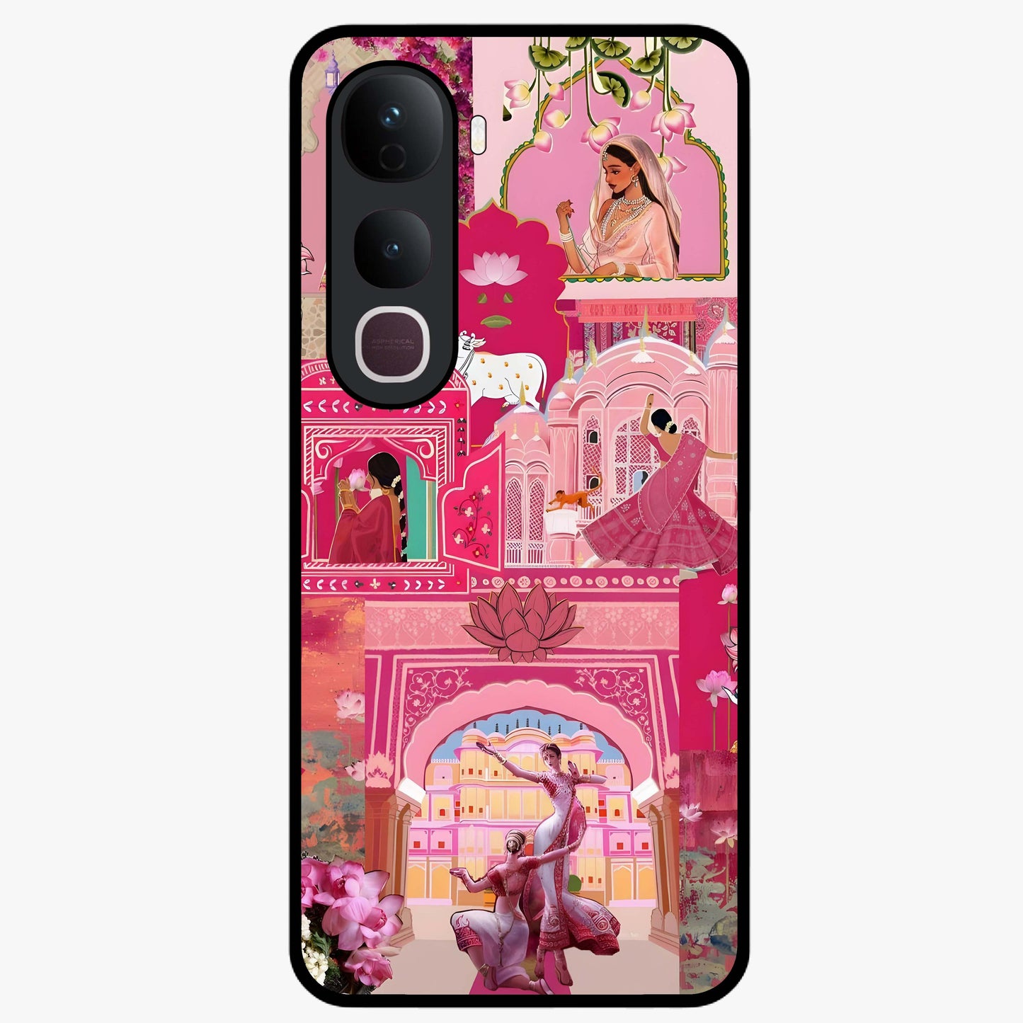 Blossoms of Rajasthan Glass Case showing flat back view with traditional floral artwork inspired by Rajasthan and glossy glass finish.