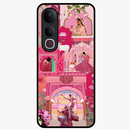 Blossoms of Rajasthan Glass Case showing flat back view with traditional floral artwork inspired by Rajasthan and glossy glass finish.