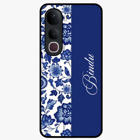 Blue Vintage Floral Pattern Glass Case upright view showcasing timeless floral illustration with vintage inspired style.