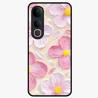 Blush Bloom Texture Glass Case showing flat back view with soft blush floral texture artwork and glossy glass finish.