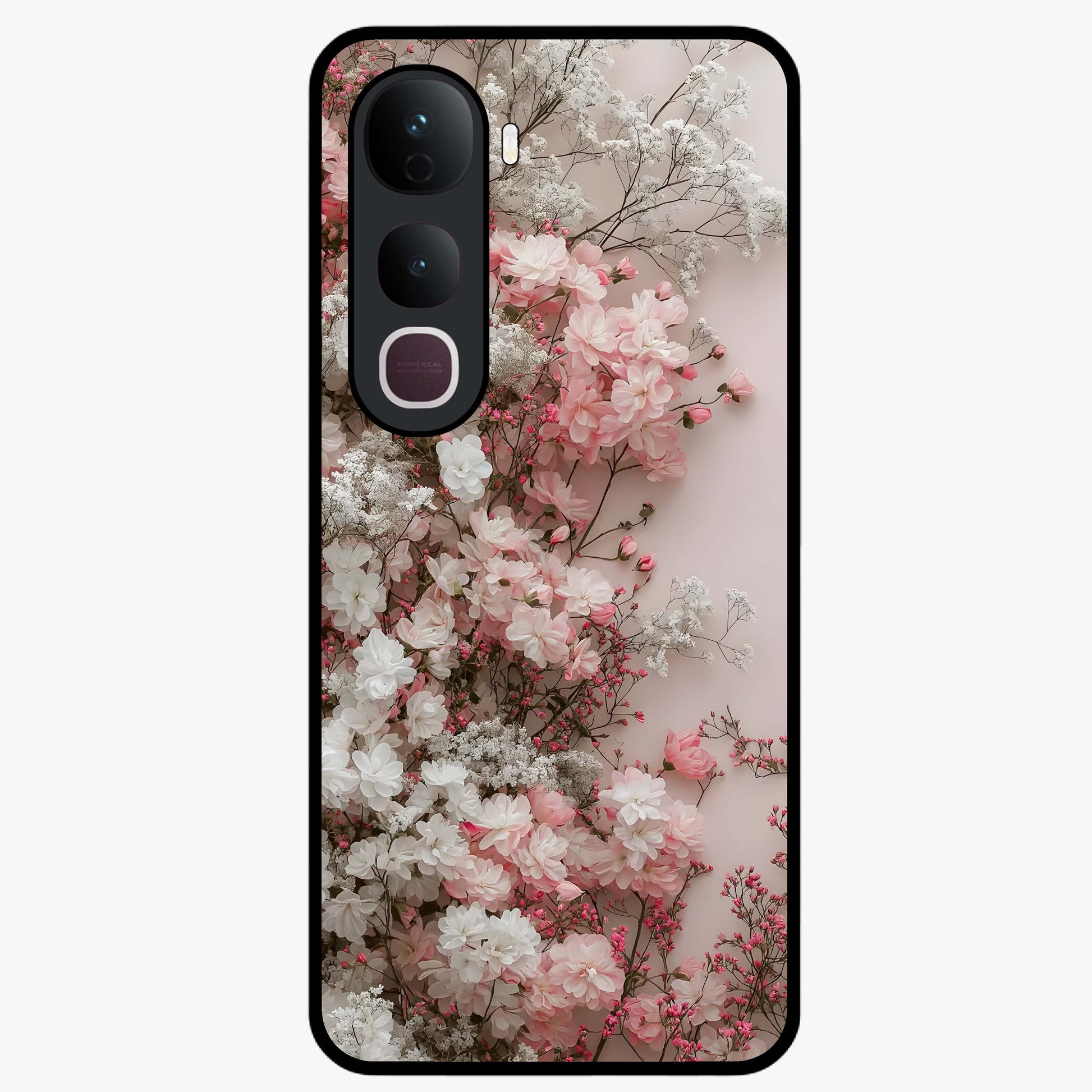 Blush Blossom Cloud Glass Case showing flat back view with dreamy blush cloud blossom artwork and glossy glass finish.