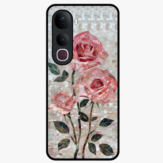 Blush Mosaic Bloom Glass Case showing flat back view with mosaic floral bloom artwork and glossy glass finish.