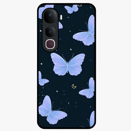 Butterfly With Stars Pattern Glass Case showing flat back view with butterfly and star pattern artwork and glossy glass finish.