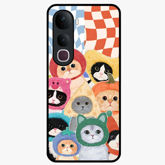 Cats in Fruits Glass Case showing flat back view with playful cat illustrations inside fruit artwork and glossy glass finish.