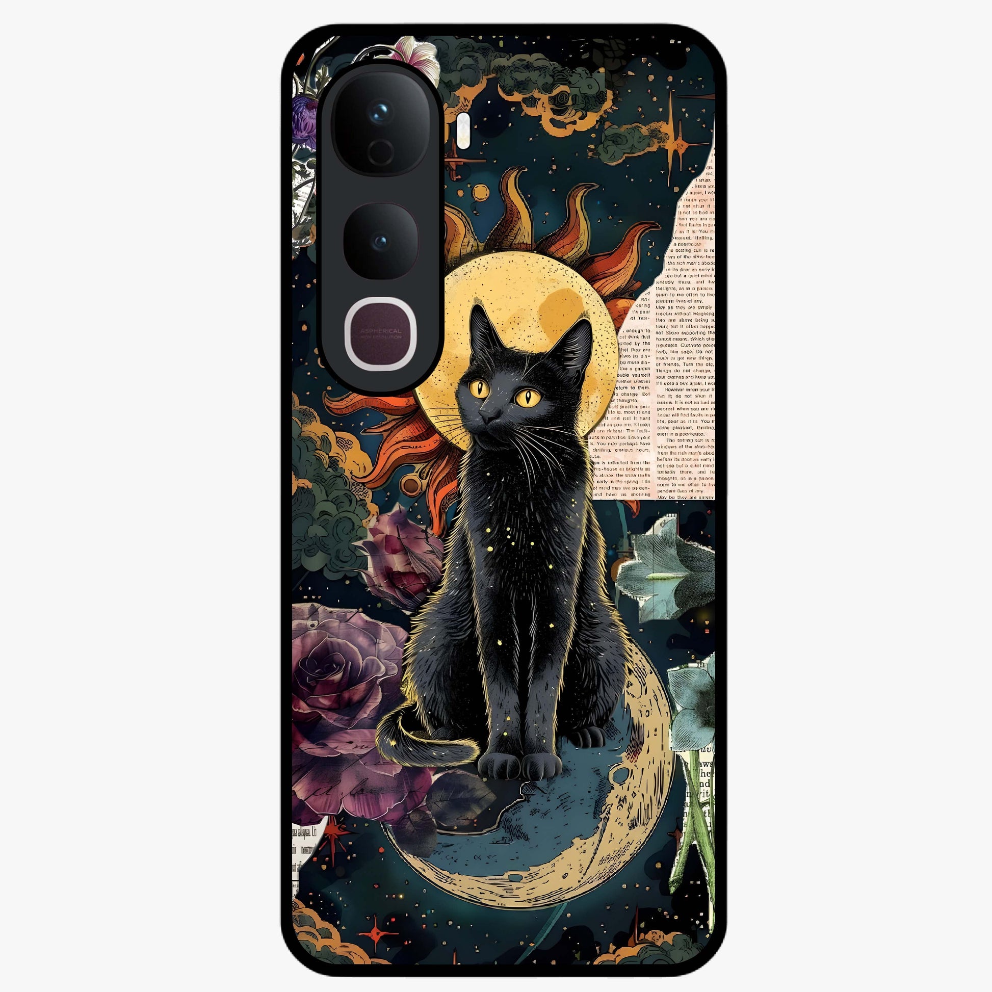 Celestial Black Cat Glass Case showing flat back view with mystical black cat artwork and glossy glass finish.