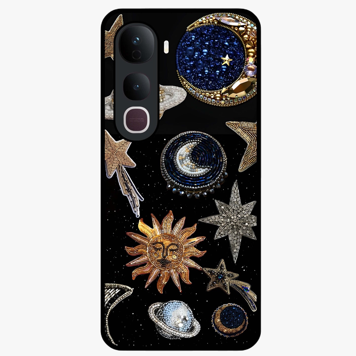 Celestial Gem Constellations Glass Case showing flat back view with sparkling constellation artwork and glossy glass finish.