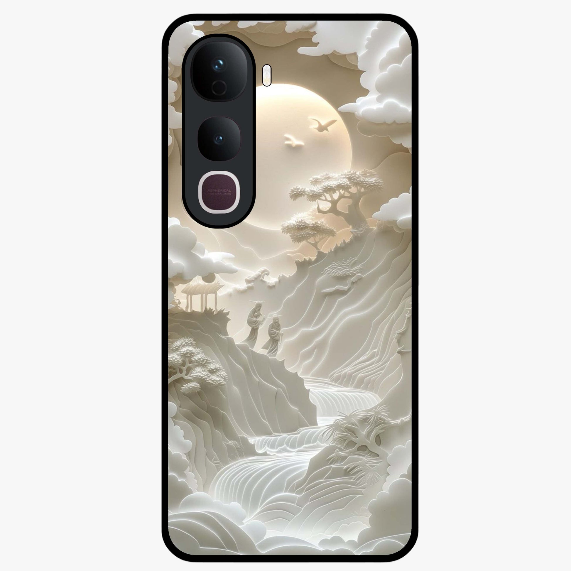 Celestial Origami Glass Case showing flat back view with artistic origami inspired celestial artwork and glossy glass finish.