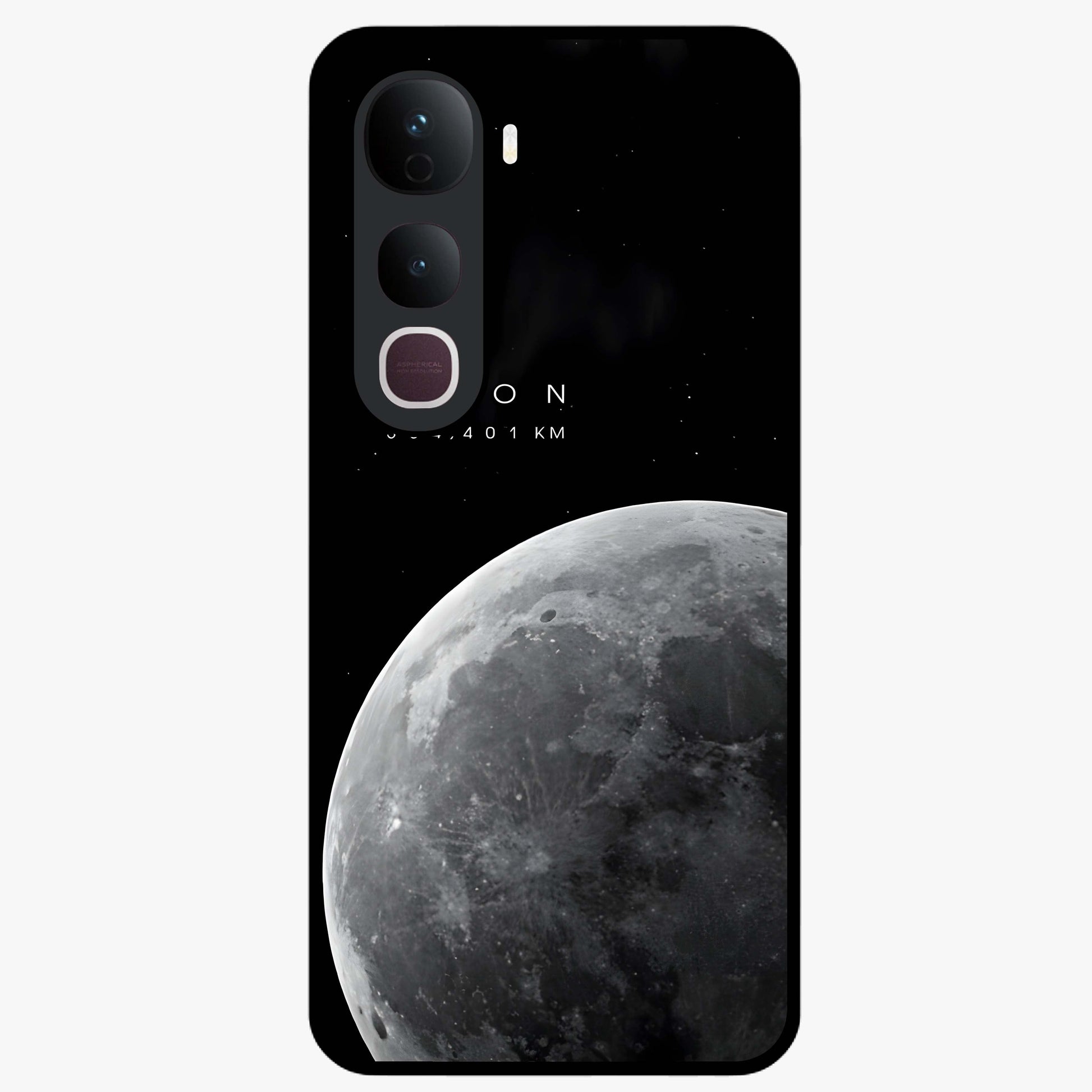 Cosmic Moon Glow Glass Case showing flat back view with glowing moon artwork and glossy glass finish.