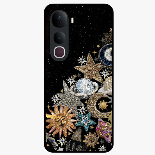Cosmic Sparkle Dreams Glass Case showing flat back view with sparkling cosmic artwork and glossy glass finish.