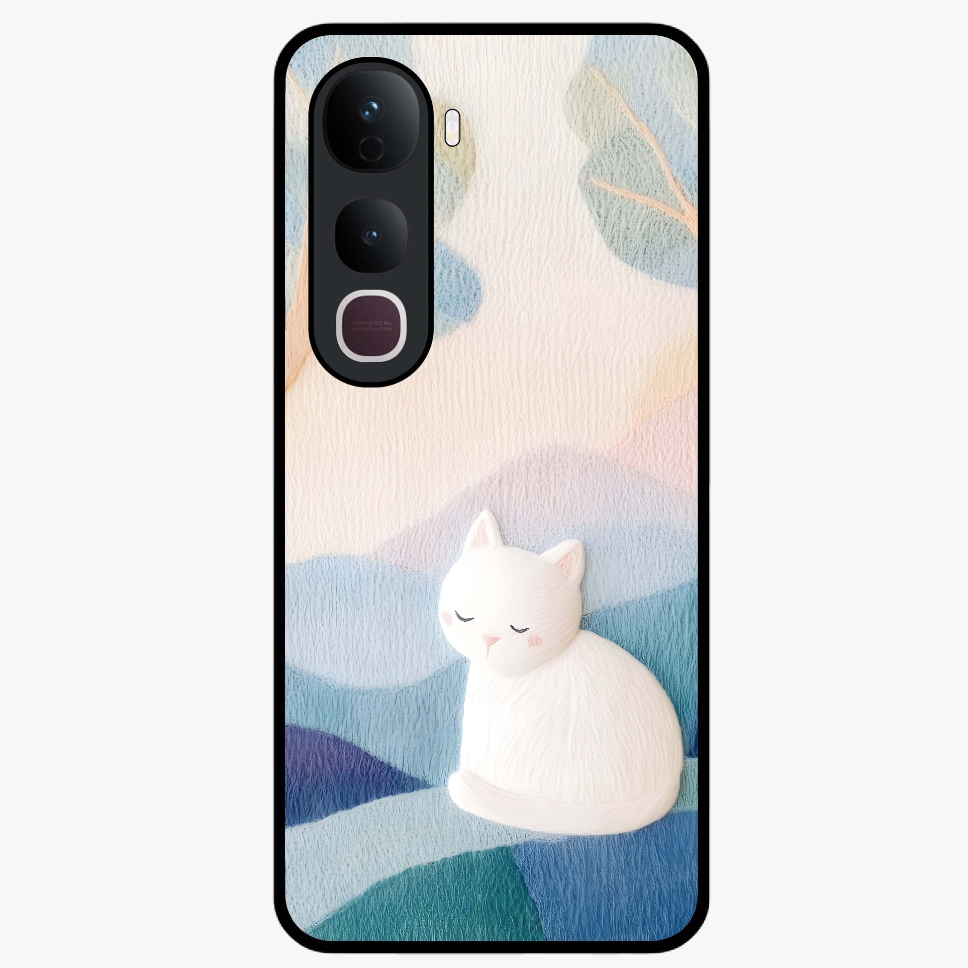 Cotton Dream Cat Glass Case showing flat back view with soft dreamy cat artwork and glossy glass finish.