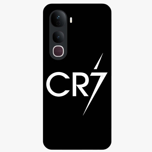 Cr7 Elite Strike Glass Case showing flat back view with dynamic football inspired artwork and glossy glass finish.