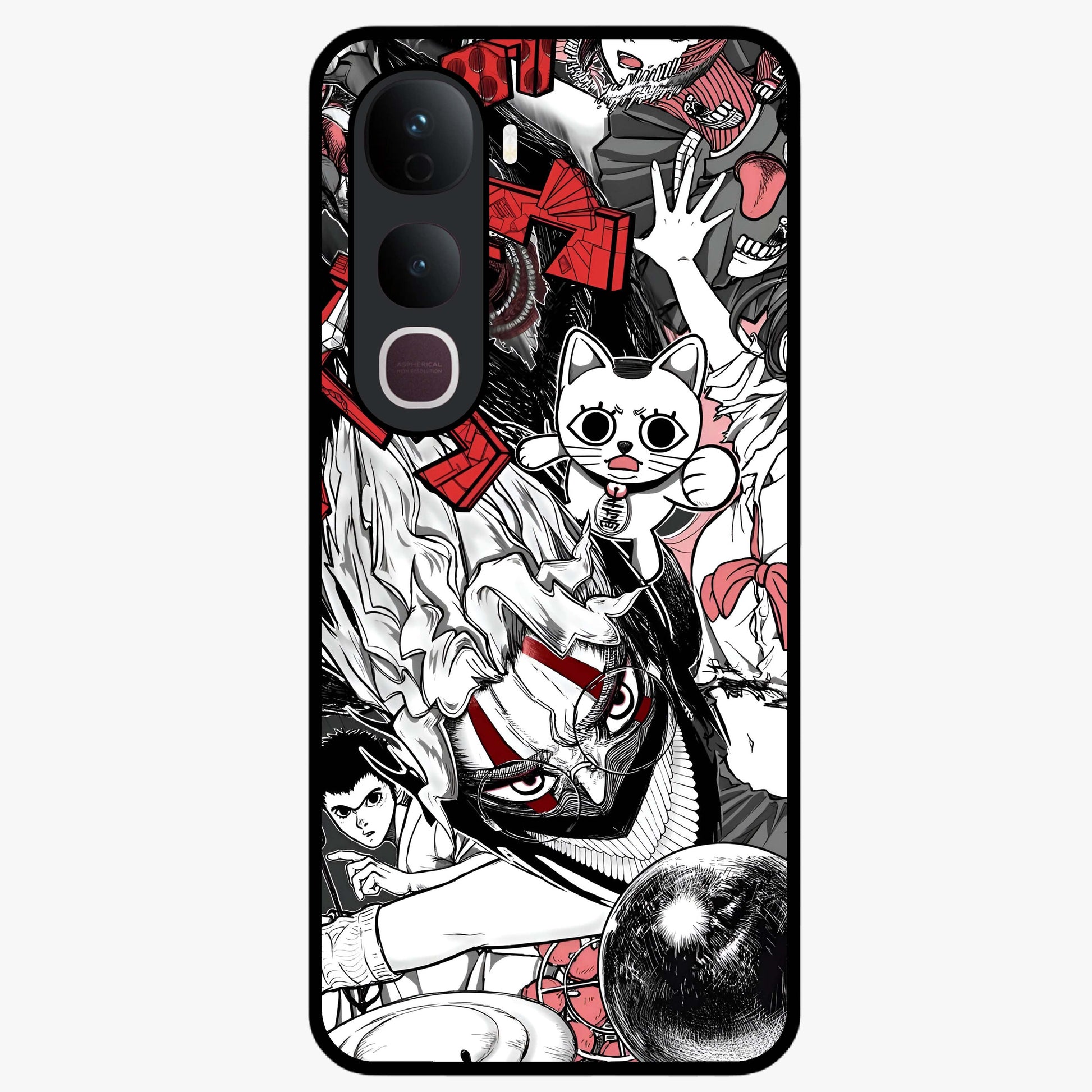 Crimson Chaos Panel Glass Case showing flat back view with bold crimson abstract artwork and glossy glass finish.