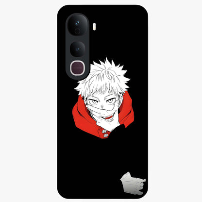 Crimson Chaos Smile Glass Case showing flat back view with bold chaotic smile artwork and glossy glass finish.