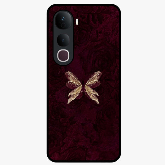 Crimson Fade Butterfly Glass Case showing flat back view with fading butterfly artwork and glossy glass finish.