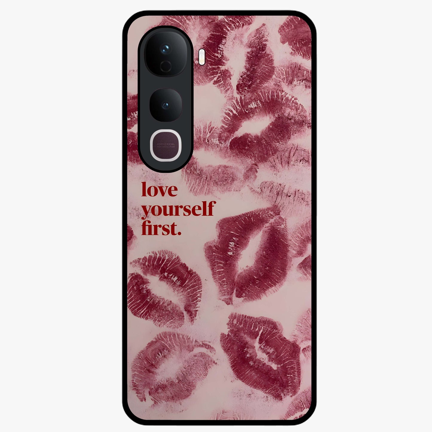 Crimson Kiss Love Glass Case showing flat back view with romantic crimson themed artwork and glossy glass finish.