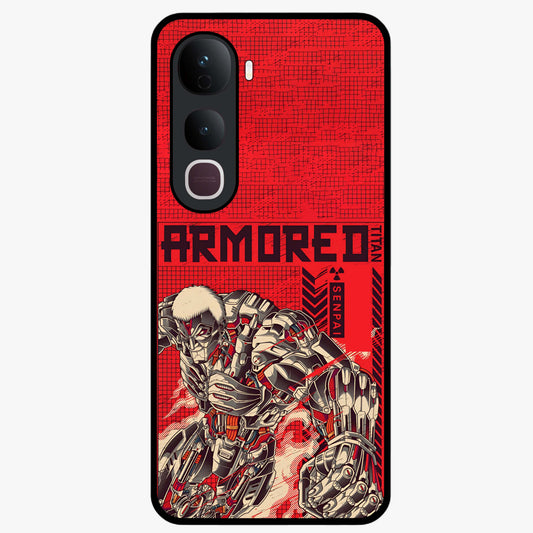Crimson Mecha Titan Glass Case showing flat back view with powerful mech titan artwork and glossy glass finish.