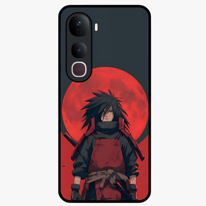 Crimson Moon Warlord Glass Case showing flat back view with mystical moon warrior artwork and glossy glass finish.