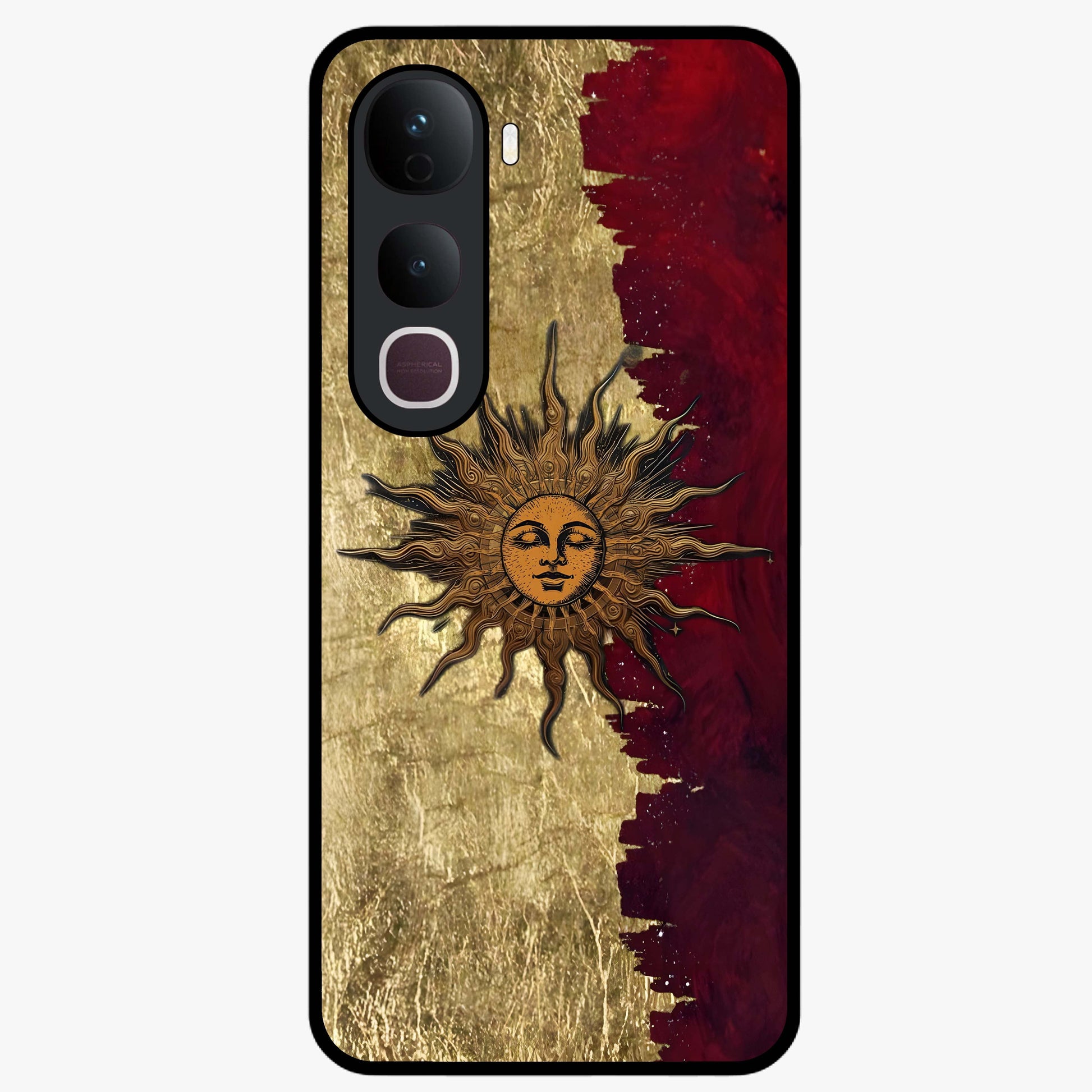 Crimson Sun Majesty Glass Case showing flat back view with radiant sun inspired artwork and glossy glass finish.