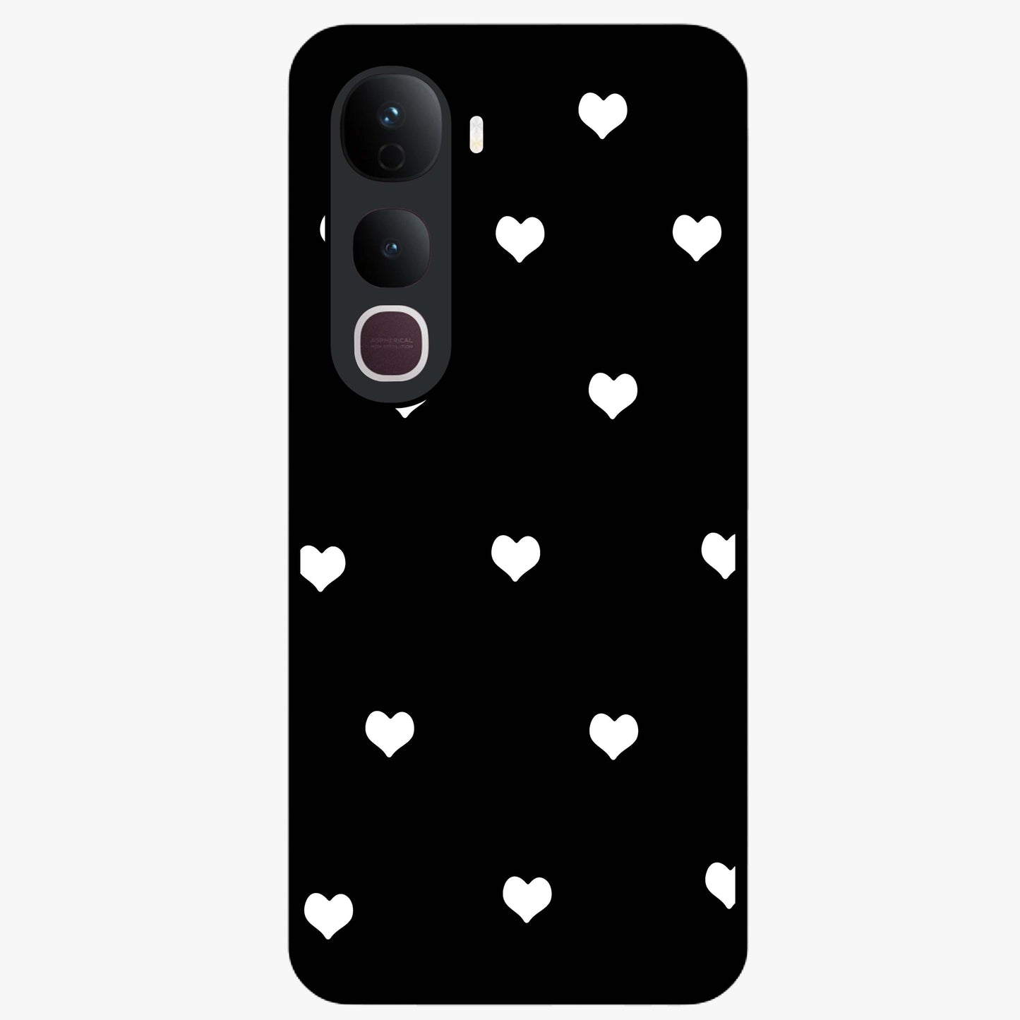 Cute And Simple White Hearts Glass Case showing flat back view with minimal white heart pattern and glossy glass finish.