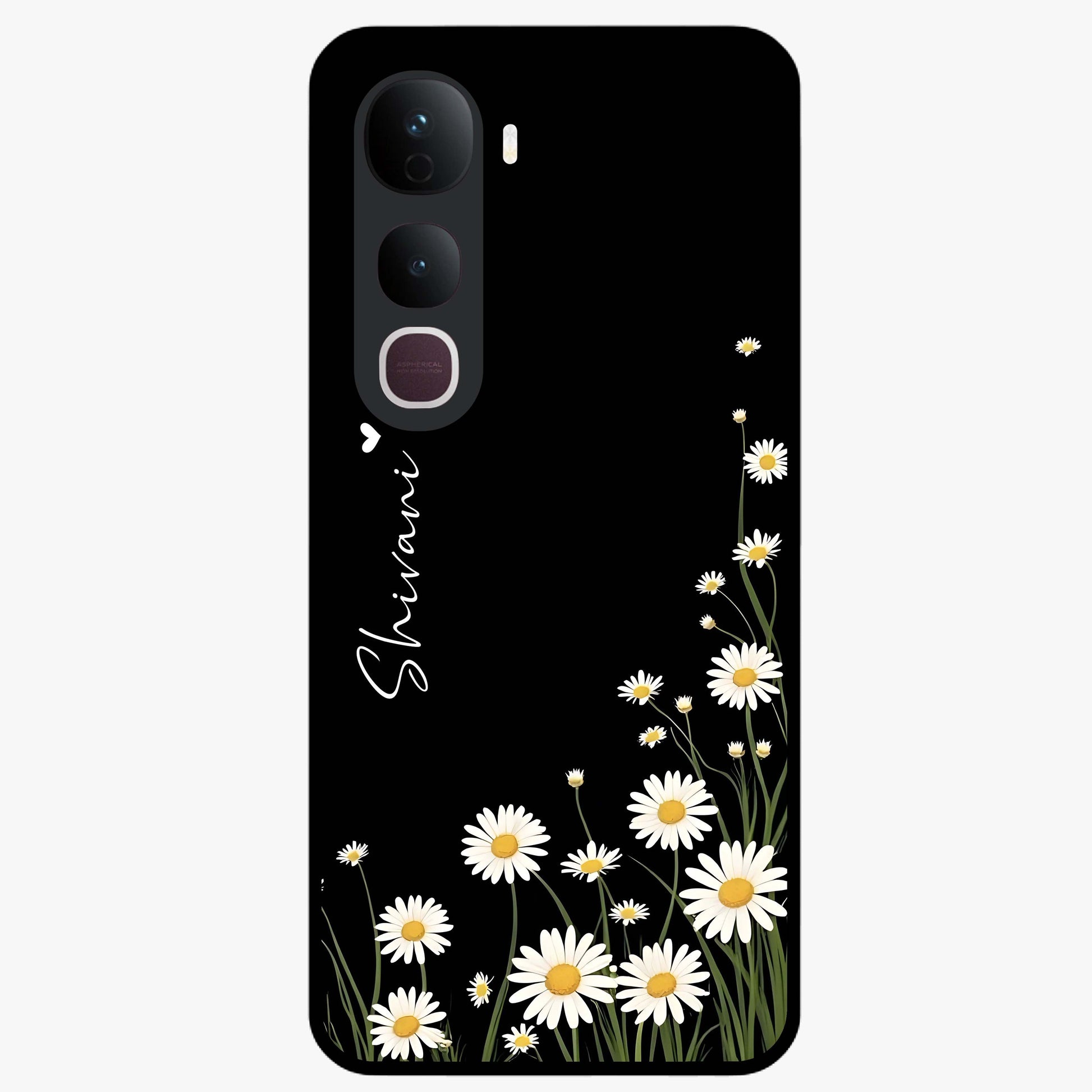 Daisy Cascade Custom Name Glass Case showing flat back view with cascading daisy flowers and personalized name design.