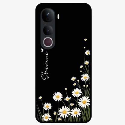 Daisy Cascade Custom Name Glass Case showing flat back view with cascading daisy flowers and personalized name design.