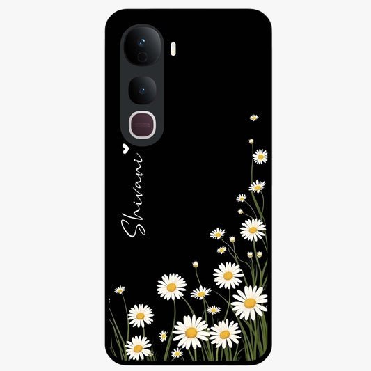 Daisy Cascade Custom Name Glass Case showing flat back view with cascading daisy flowers and personalized name design.