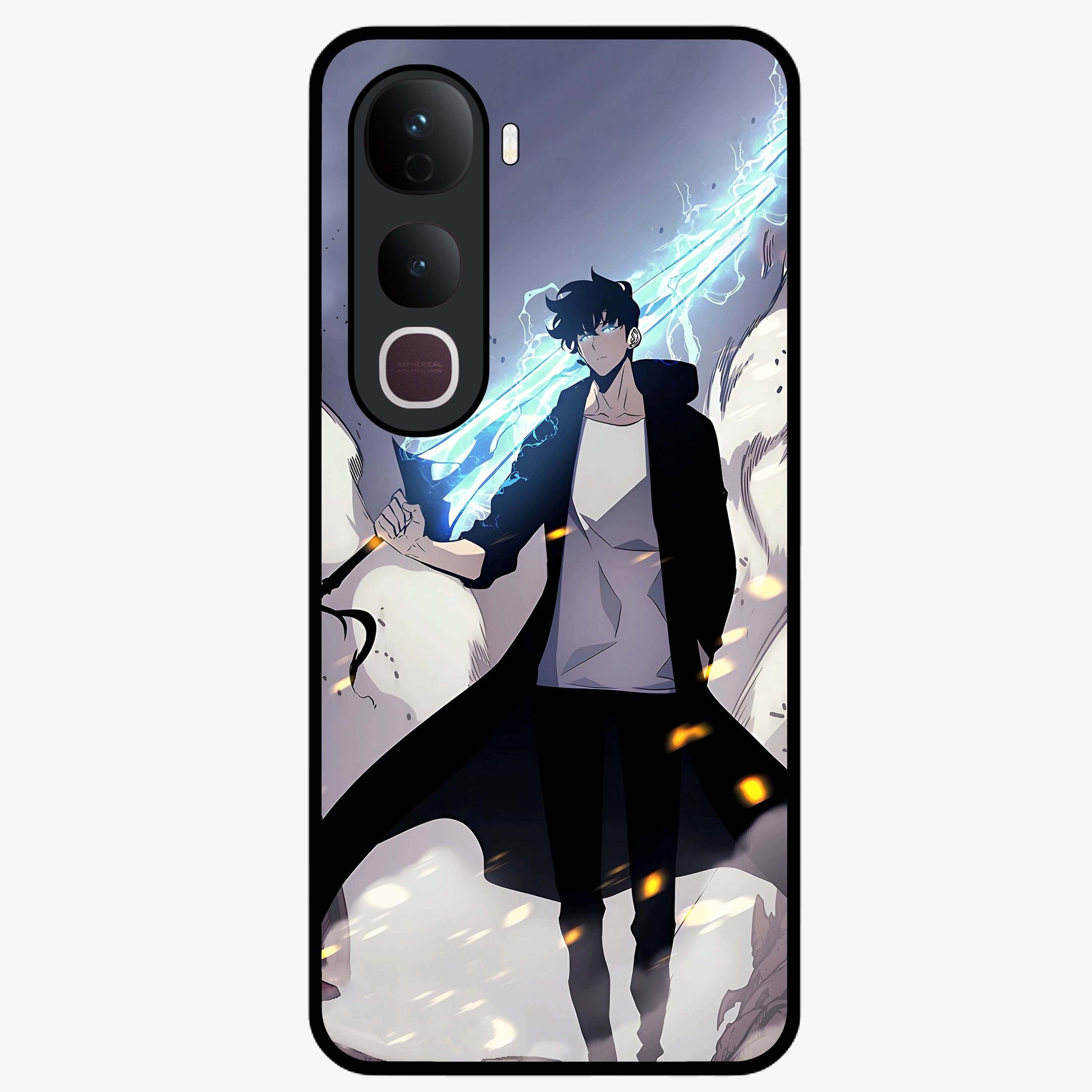 Dark Lightning Anime Warrior Glass Case showing flat back view with intense anime warrior artwork and glossy glass finish.