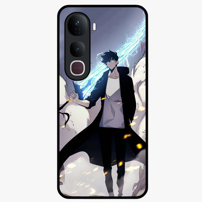 Dark Lightning Anime Warrior Glass Case showing flat back view with intense anime warrior artwork and glossy glass finish.