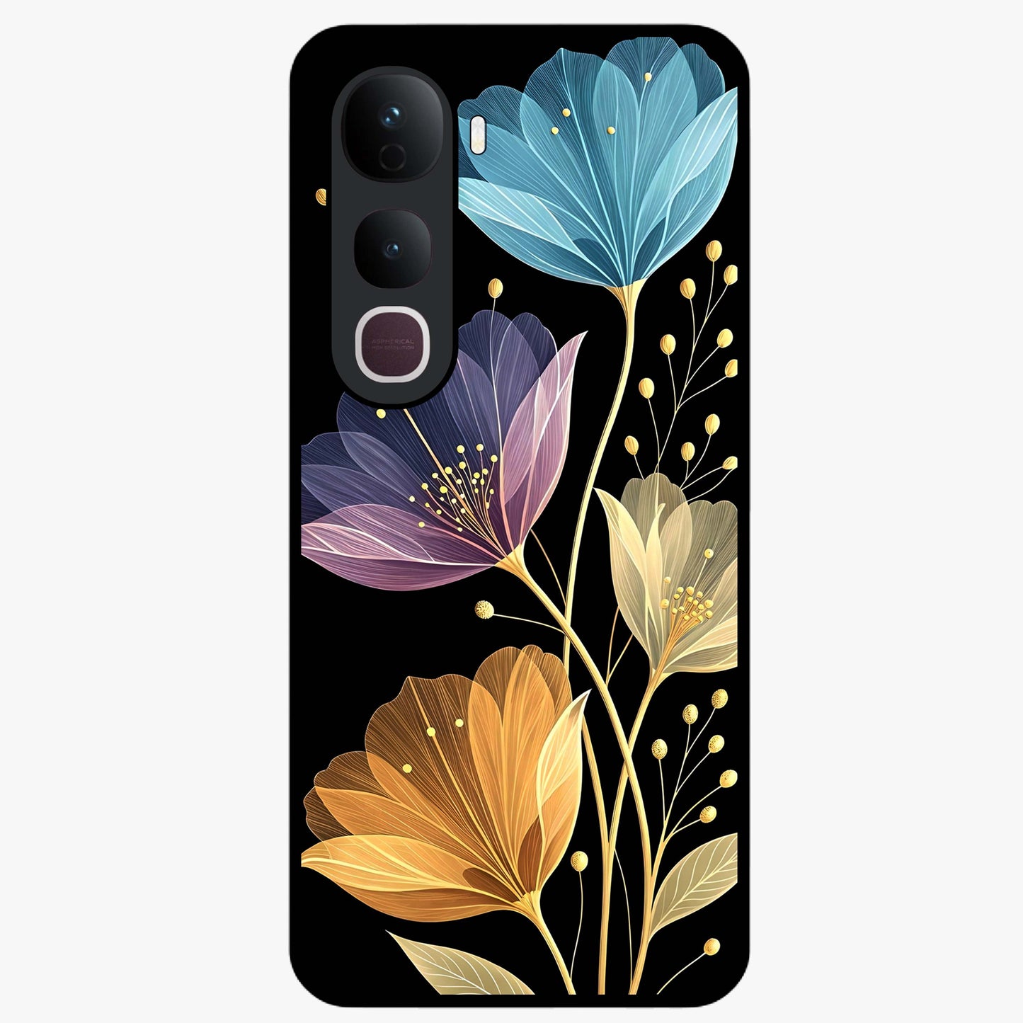 Delicate Multicolor Flowers Glass Case showing flat back view with vibrant floral artwork and glossy glass finish.