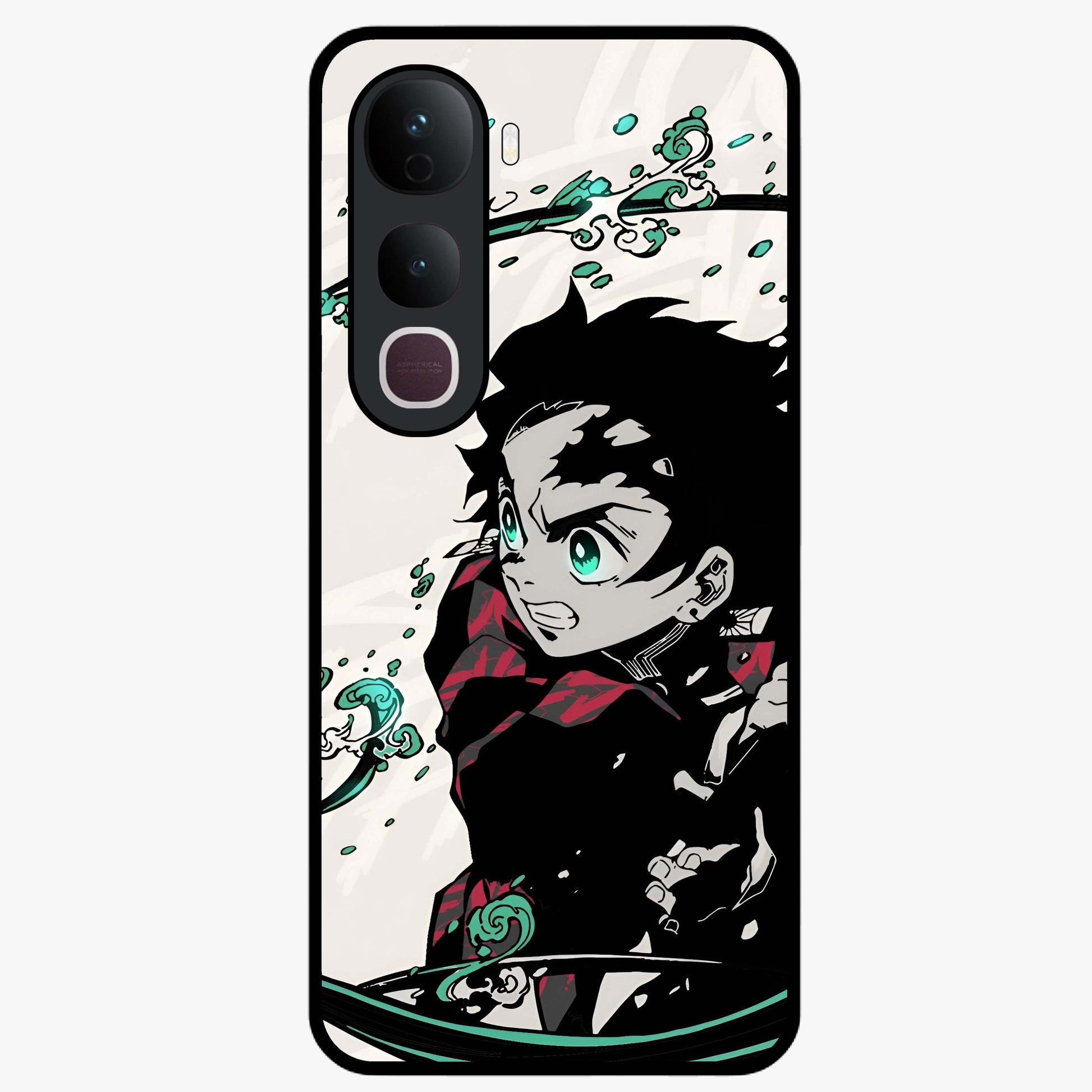 Demon Slayer Glass Case showing flat back view with bold anime inspired artwork and glossy glass finish.
