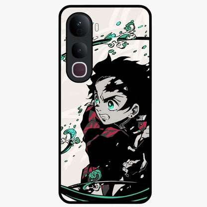 Demon Slayer Glass Case showing flat back view with bold anime inspired artwork and glossy glass finish.