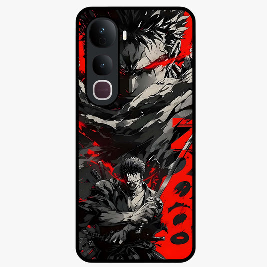 Demon Sword Resolve Glass Case showing flat back view with fierce sword warrior artwork and glossy glass finish.