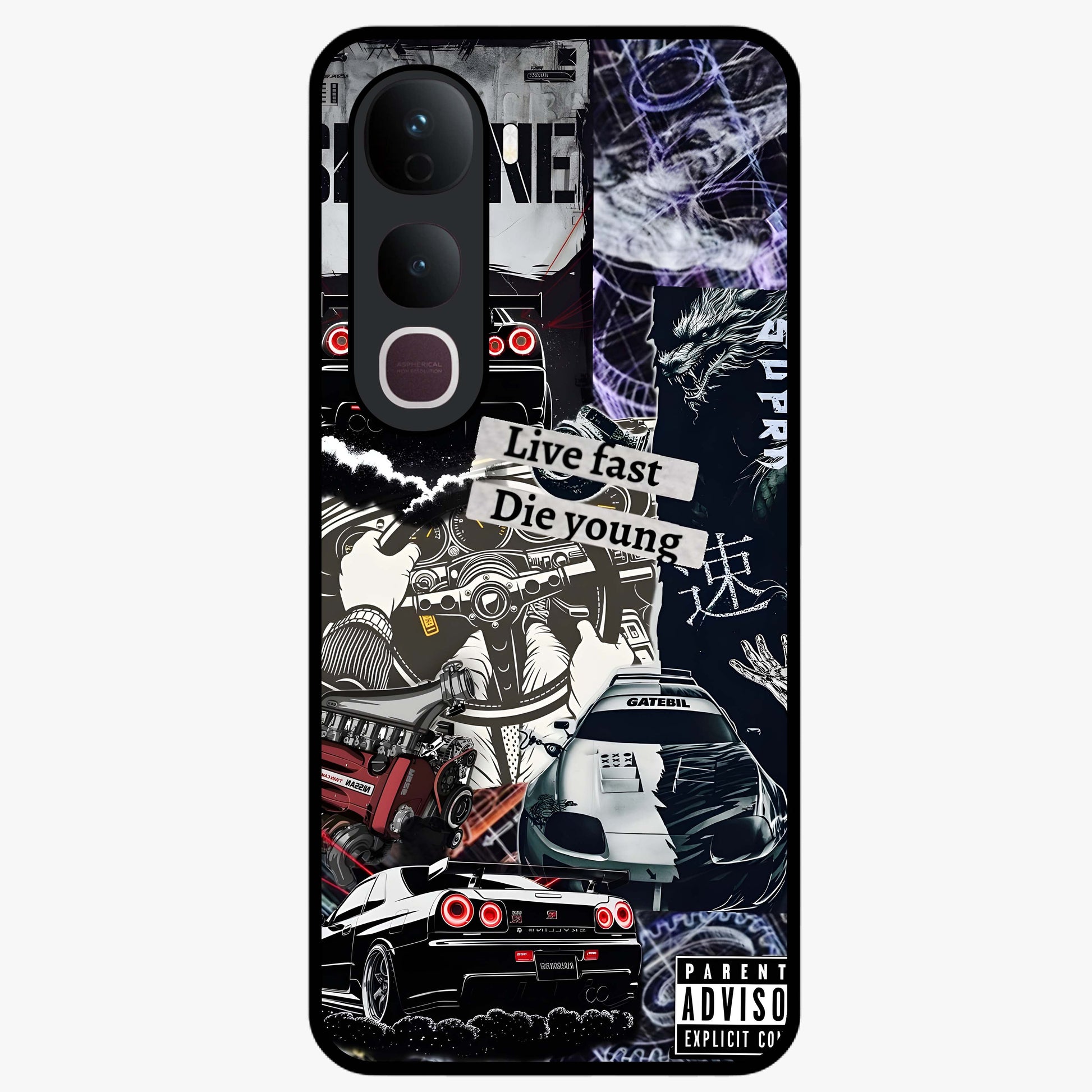 Die Young Glass Case showing flat back view with bold artistic typography design and glossy glass finish.