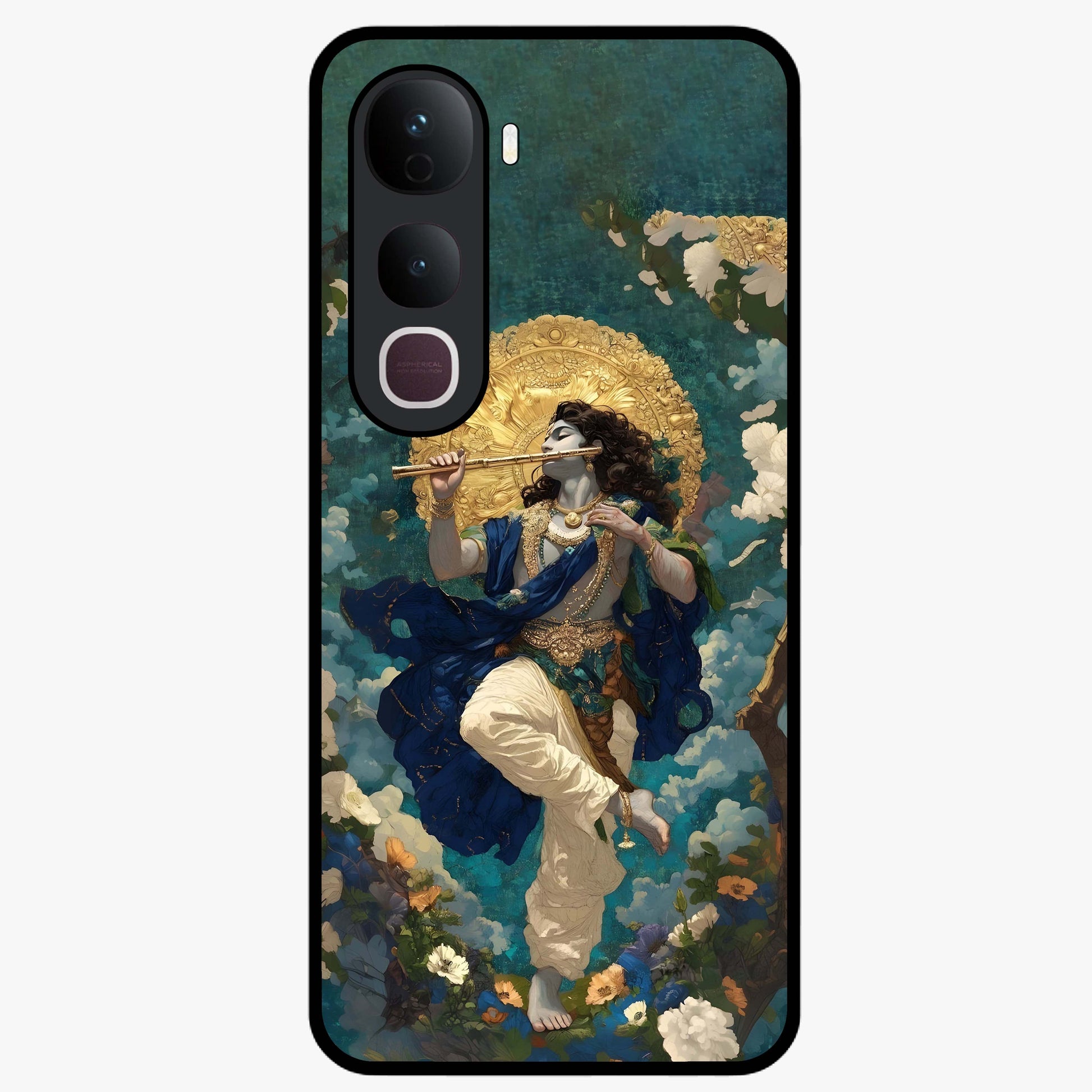 Divine Krishna Art Glass Case showing flat back view with Lord Krishna artwork and glossy glass finish.