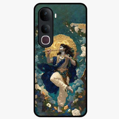 Divine Krishna Art Glass Case showing flat back view with Lord Krishna artwork and glossy glass finish.