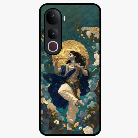 Divine Krishna Art Glass Case showing flat back view with Lord Krishna artwork and glossy glass finish.