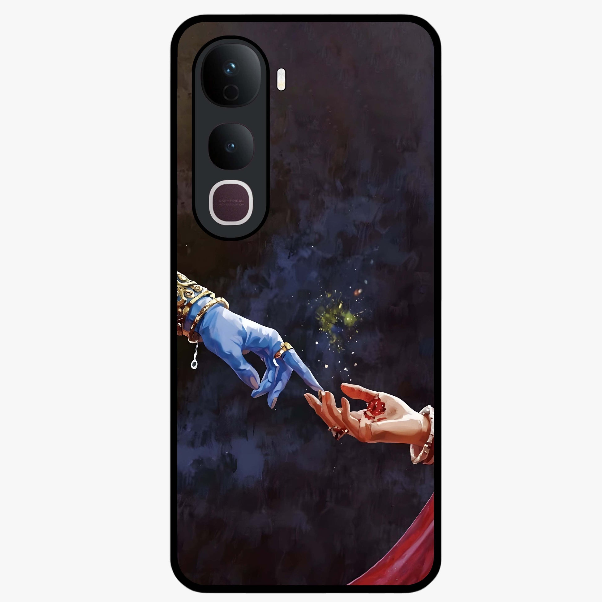 Divine Touch Eternal Glass Case showing flat back view with spiritual themed artwork and glossy glass finish.