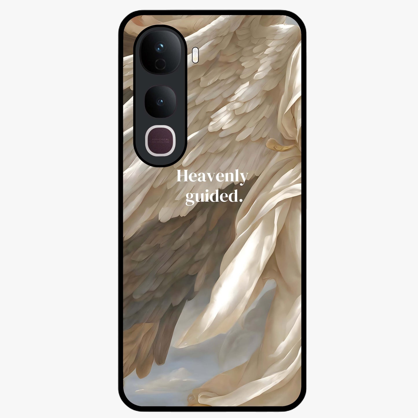 Divine Winged Grace Glass Case showing flat back view with elegant wing inspired artwork and glossy glass finish.