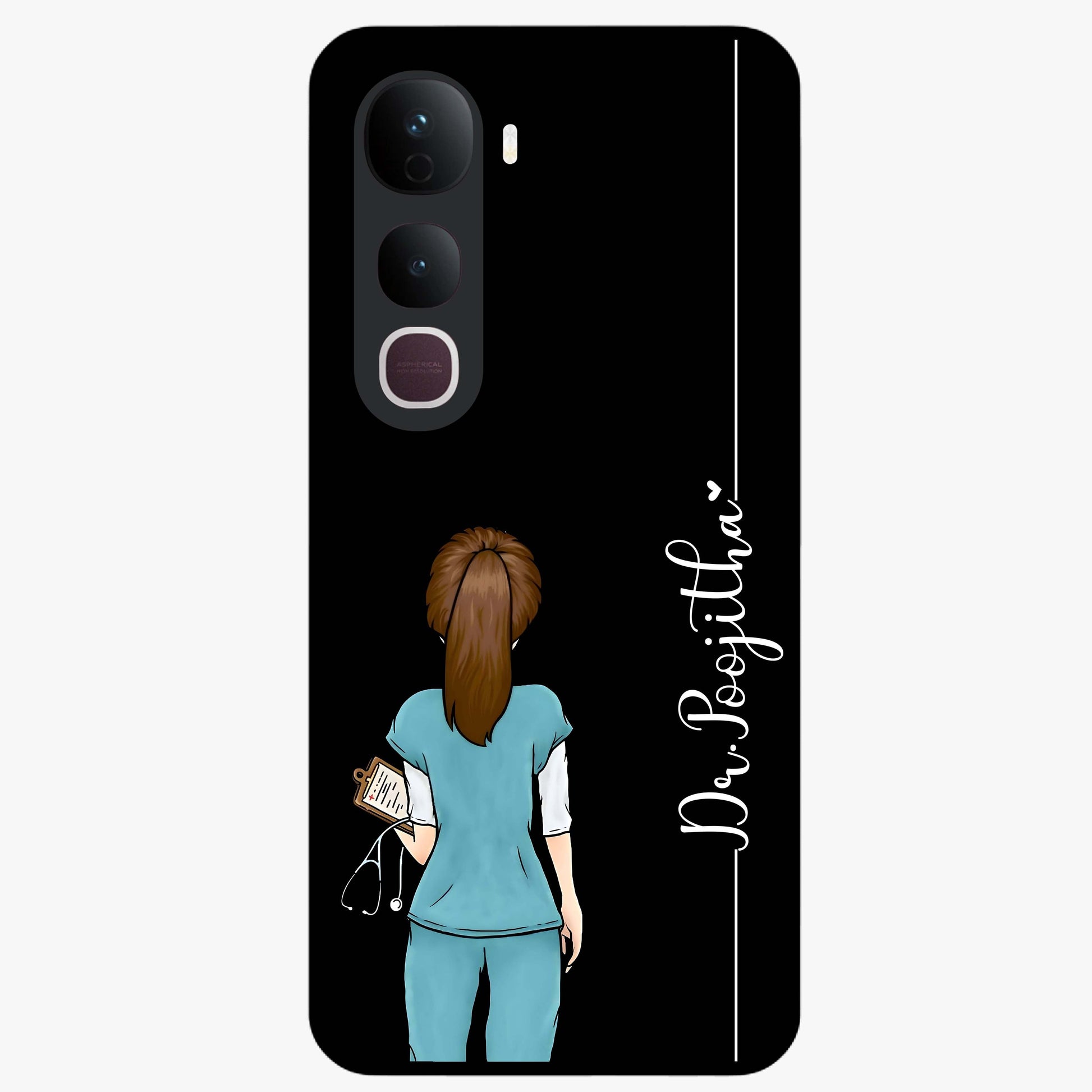 Doctor Pattern Custom Name Glass Case showing flat back view with medical themed pattern and personalized name design.
