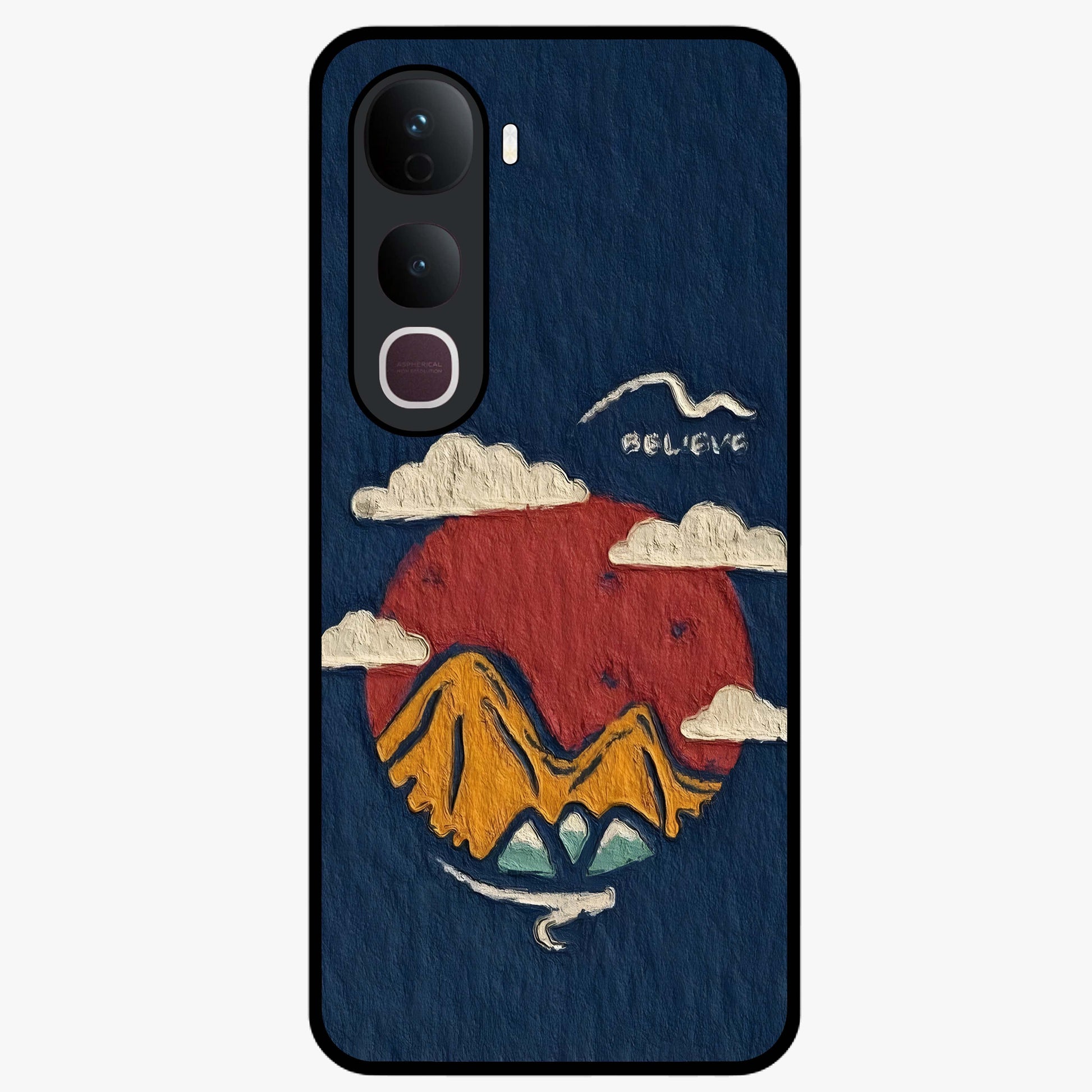 Dream Beyond Mountains Glass Case showing flat back view with scenic mountain landscape artwork and glossy glass finish.