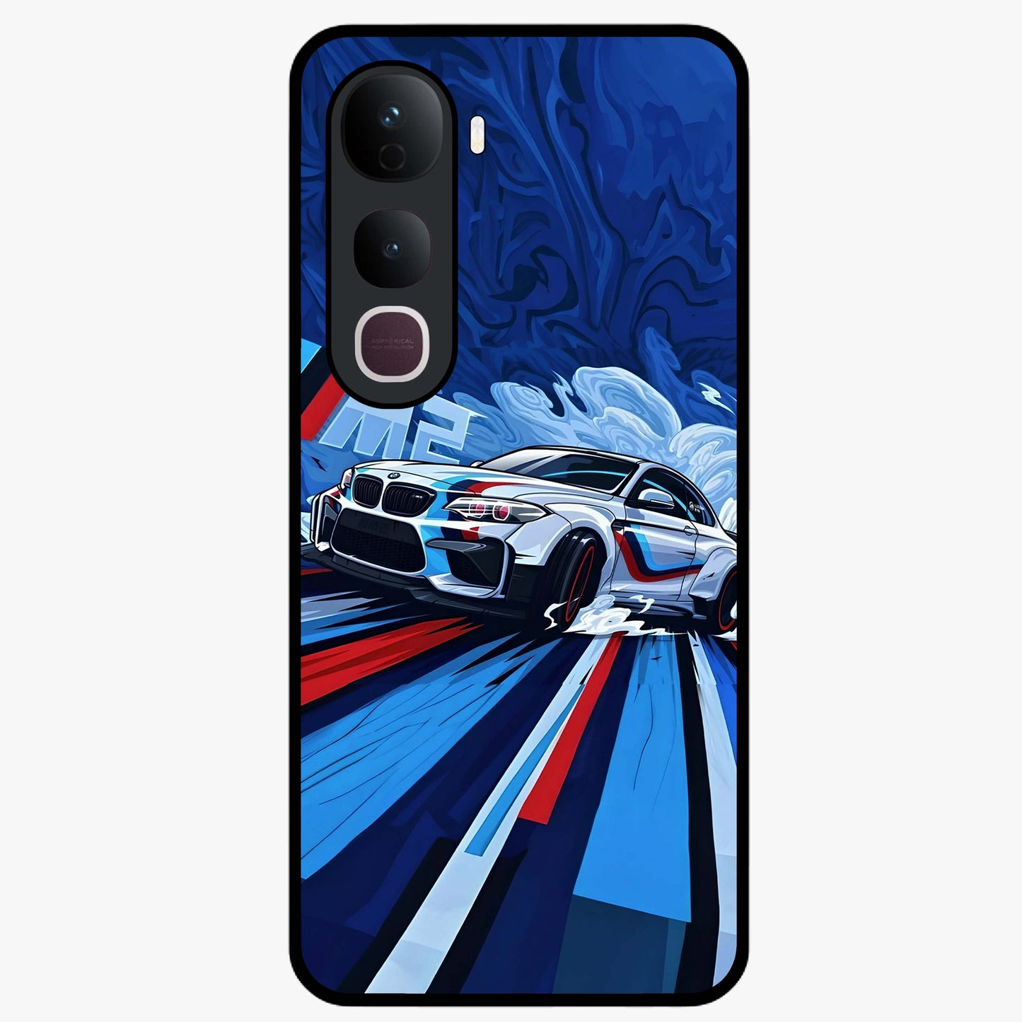 Drift Power Rush Glass Case showing flat back view with dynamic racing inspired artwork and glossy glass finish.