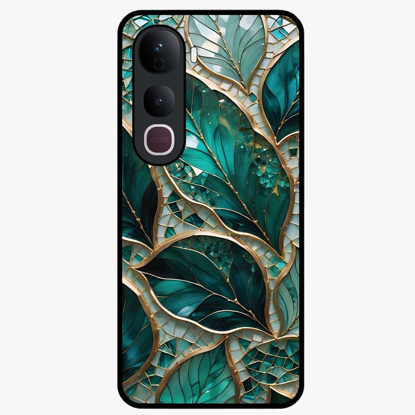 Emerald Leaf Glass Glass Case showing flat back view with emerald green leaf artwork and glossy glass finish.