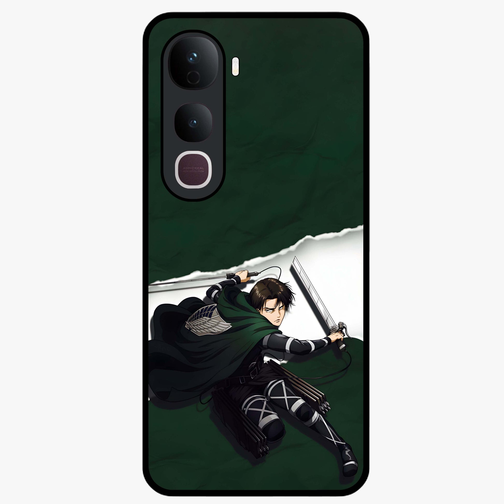Emerald War Vanguard Glass Case showing flat back view with powerful warrior themed artwork and glossy glass finish.