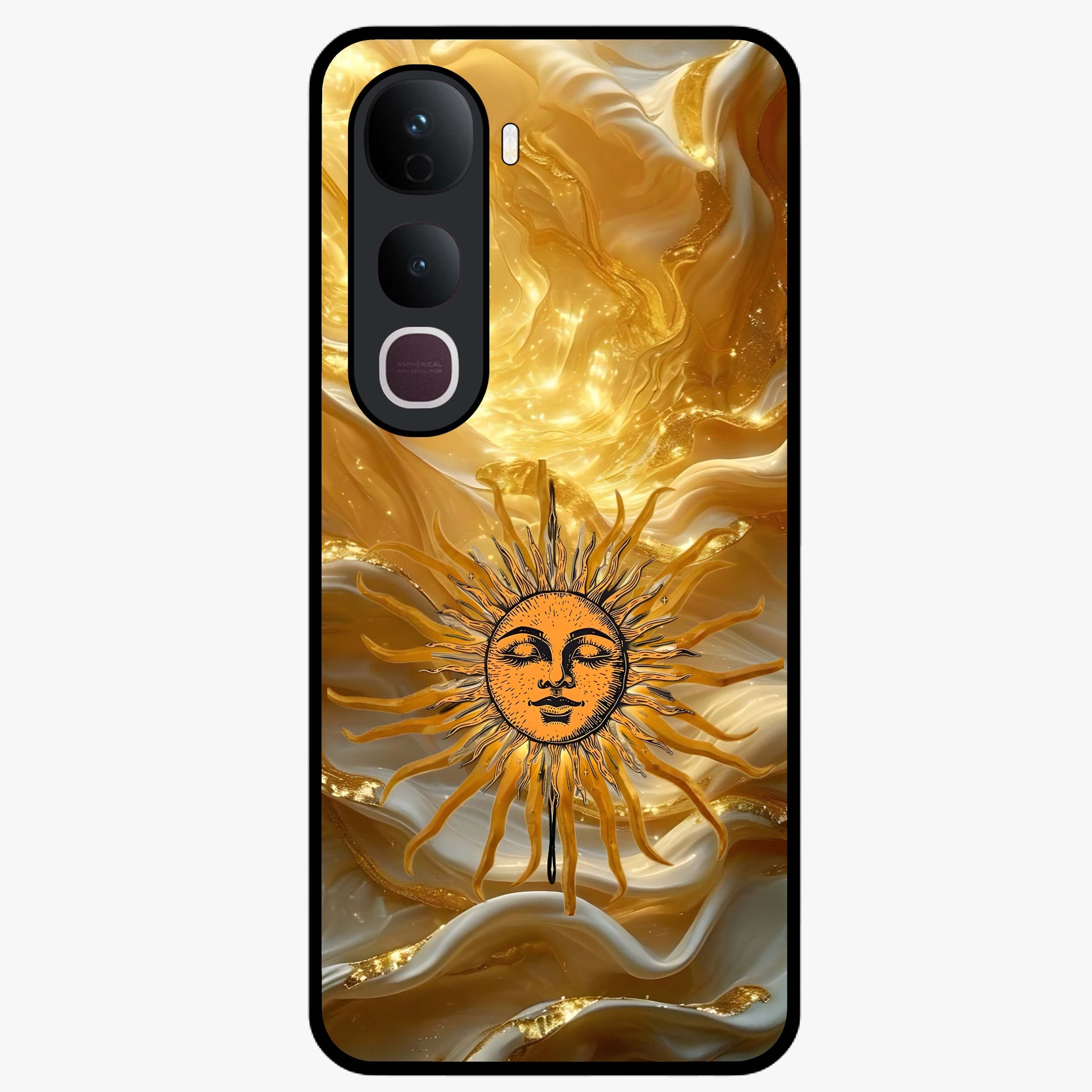 Eternal Golden Glow Glass Case showing flat back view with radiant golden themed artwork and glossy glass finish.