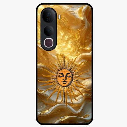 Eternal Golden Glow Glass Case showing flat back view with radiant golden themed artwork and glossy glass finish.