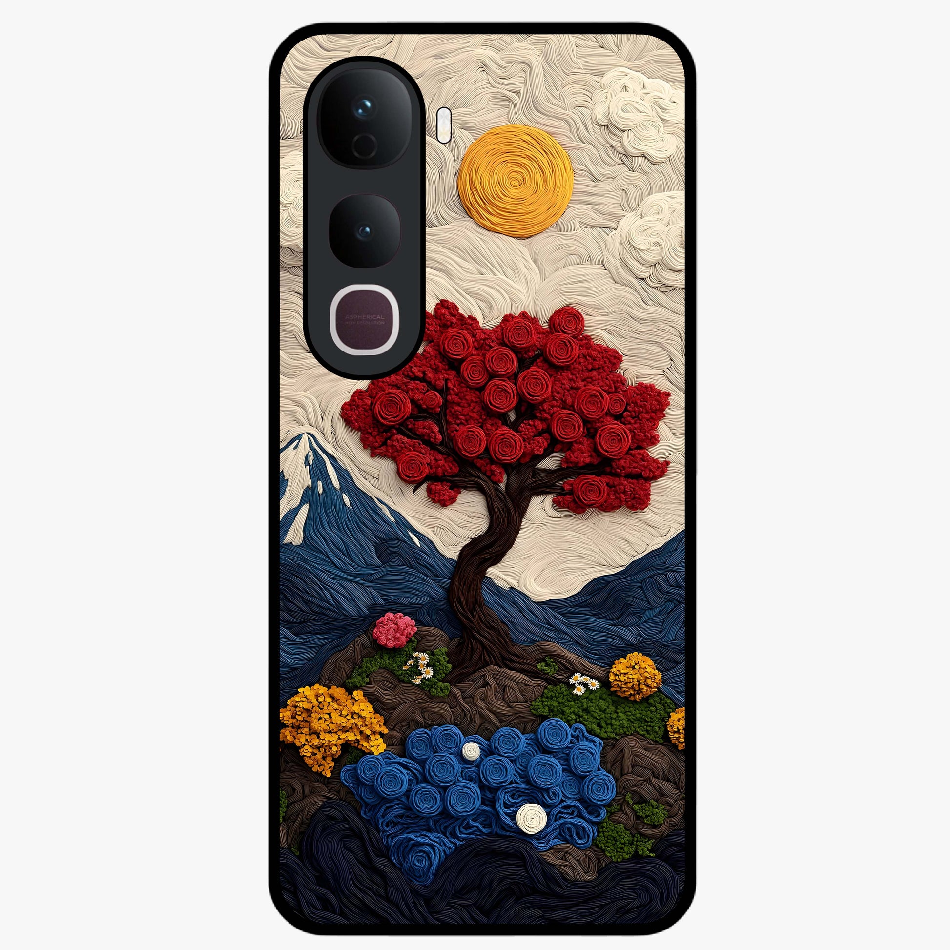 Eternal Nature Tapestry Glass Case showing flat back view with intricate nature tapestry artwork and glossy glass finish.