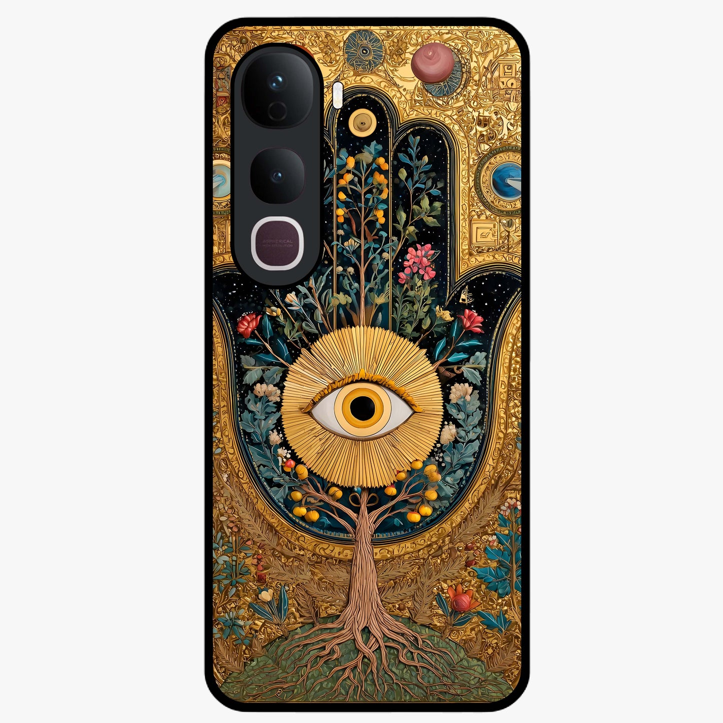 Ethereal Evil Eye Glass Case showing flat back view with mystical evil eye artwork and glossy glass finish.