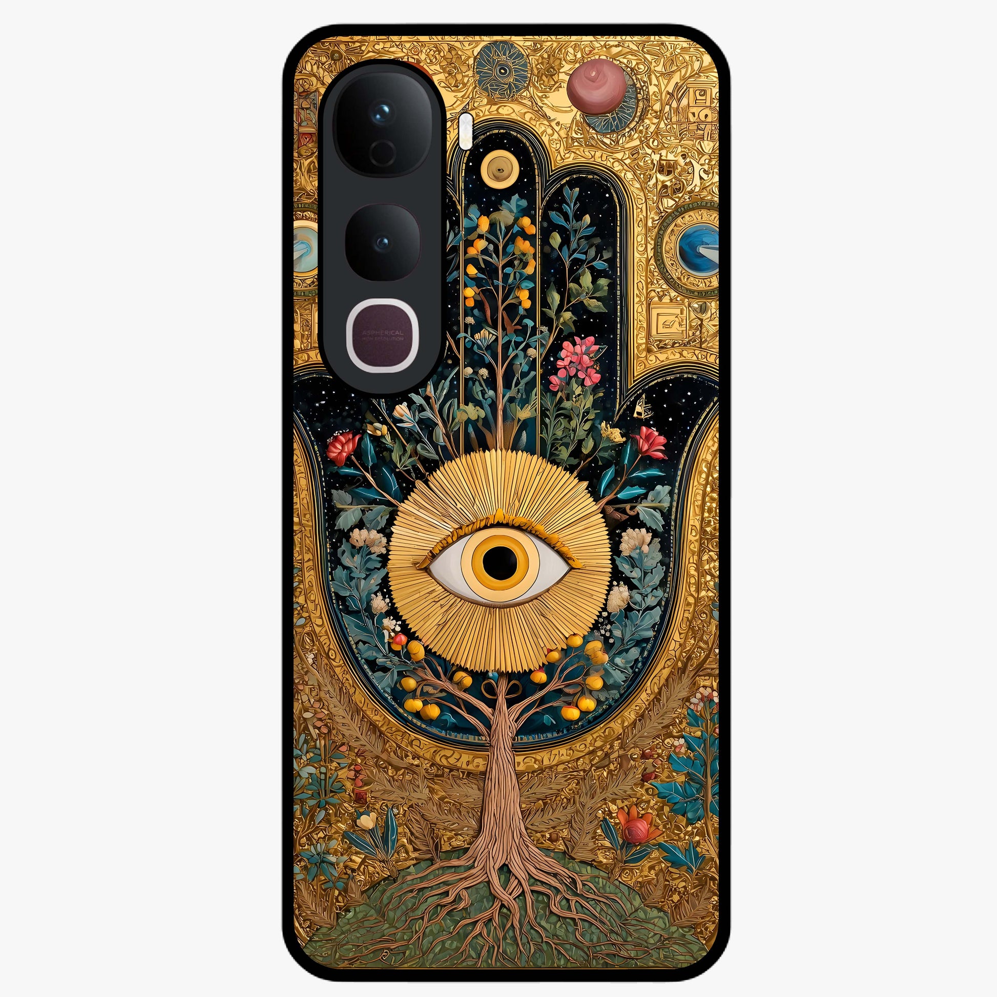 Ethereal Evil Eye Glass Case showing flat back view with mystical evil eye artwork and glossy glass finish.