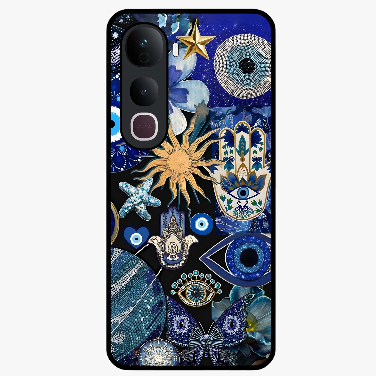 Evil Eye Charm Mix Glass Case showing flat back view with multiple evil eye charms artwork and glossy glass finish.