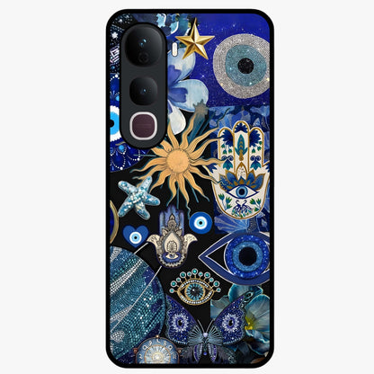 Evil Eye Charm Mix Glass Case showing flat back view with multiple evil eye charms artwork and glossy glass finish.
